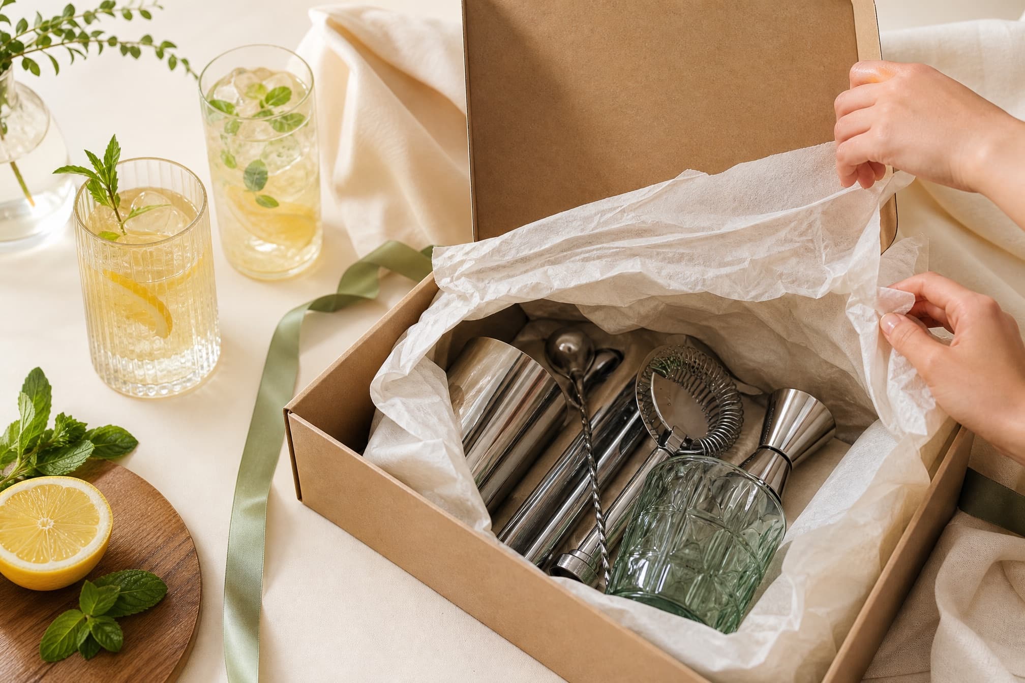 Hands lifting tissue paper from a kraft gift box holding stainless mixing tools and a glass